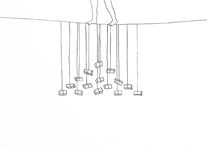 Annelinde de Jong, Balancing act #1, inkt op papier, 21 x 29,7 cm, € 380,-