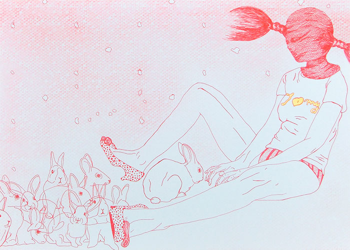 Céline Schroeder, How come I'm so alone there?, pen en airbrush op lichtgrijs papier, 29,7 x 42 cm, € 280,-