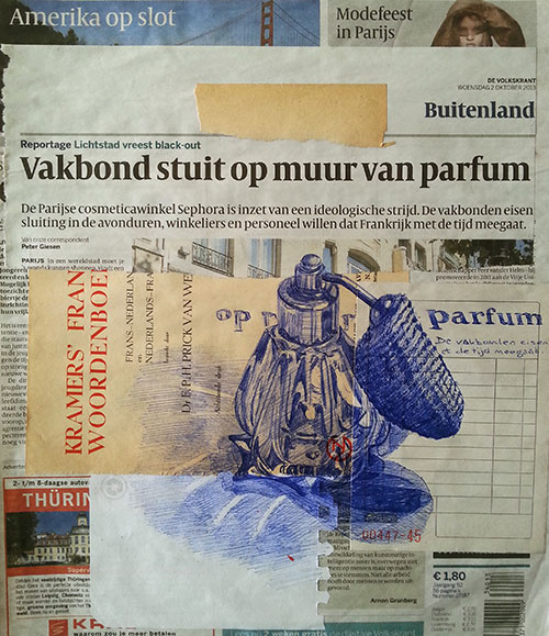 Ellen van Putten - Parfum Bic-pen op krantenpapier 23 x 22 cm € 350,-