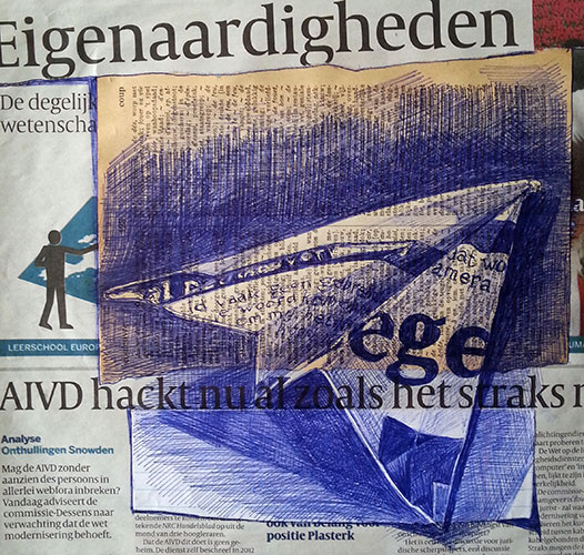 Ellen van Putten - Vliegtuig Bic-pen op krantenpapier 23 x 22 cm € 350,-