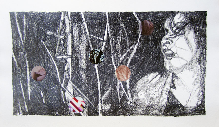Gabrielle Kroese - Nachtmerrie potlood en collage op oud papier 21 x 34,3 cm € 375,-