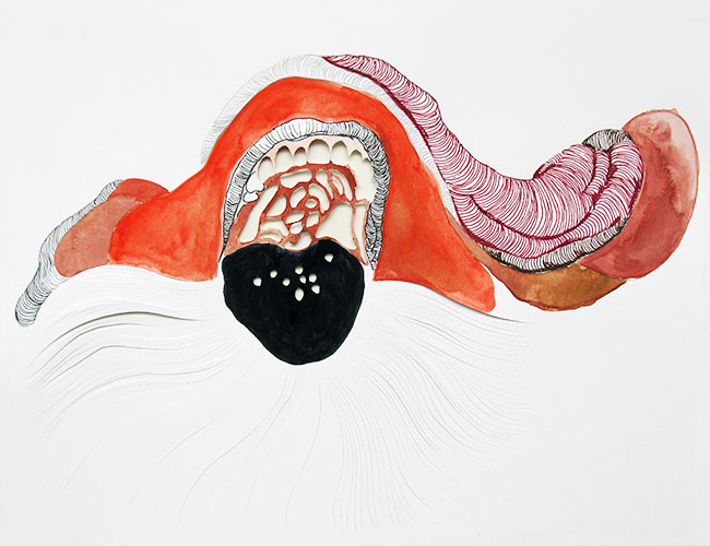 Karin Janssen - Silent Screams in the Valley of Uncanniness #143 inkt, potlood en aquarel op gesneden papier 27 x 35 cm € 570,-